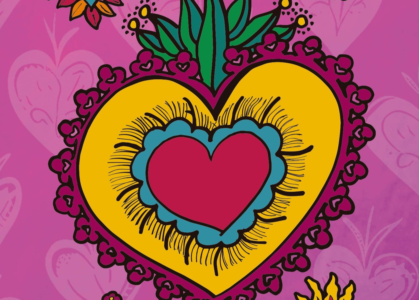 colorful 5X& verticle greeting card with milagro images with pink background displaying a portion of the card