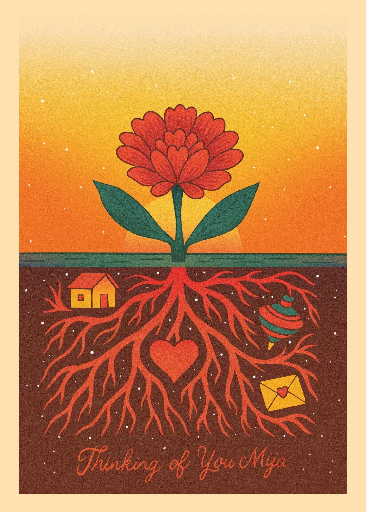 5X7 greeting card to go with a care package showing a marigold in the middle and symbols and ties to family