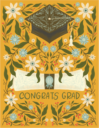 grad floral diploma and hat on yellow