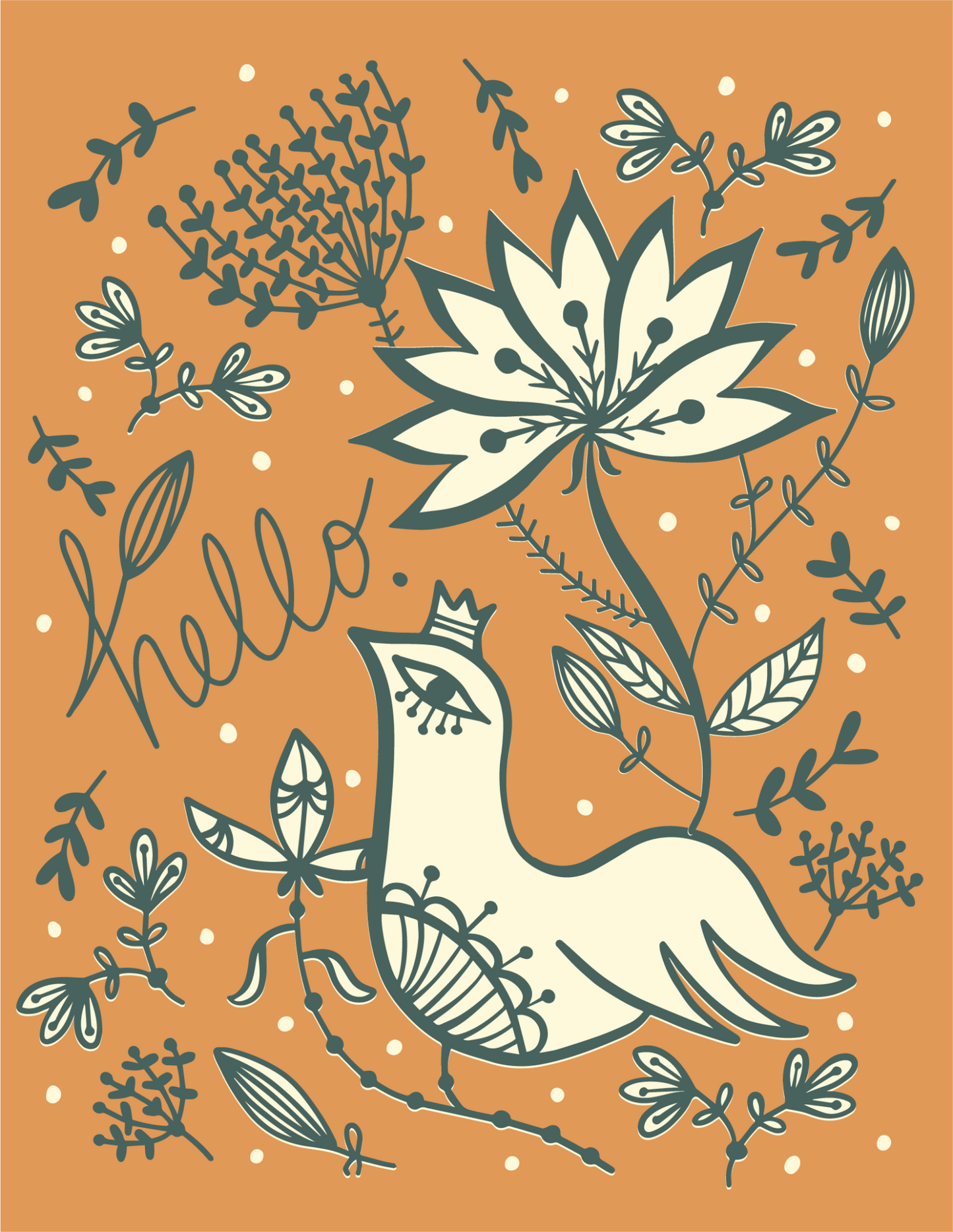 Illustration of a dove with floral elements and 'hello' text on an orange background