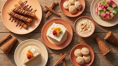 Overhead flat lay of traditional Mexican desserts including churros, tres leches cake, arroz con leche, gelatina de mosaico, and polvorones