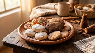 Assortment of traditional galletas mexicanas including polvorones, marranitos, garibaldis, and hojarascas on a rustic clay plate