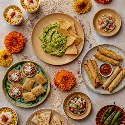 table with a bunch of different mexican tapas small plates