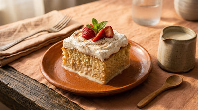 Decorated tres leches cake on a vintage ceramic cake stand with whipped cream, cinnamon, and strawberries in a Mexican kitchen