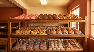 Wooden shelves of a traditional Mexican panaderia displaying rows of different pan dulce varieties on large metal trays
