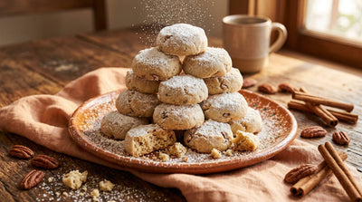 Stack of Mexican polvorones shortbread cookies dusted with powdered sugar on a terracotta plate with pecans and cinnamon sticks