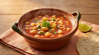 Steaming bowl of Mexican sopa de conchas shell pasta soup in tomato broth with cilantro garnish, lime wedge, and tortilla
