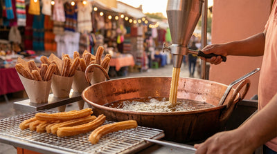 Traditional Mexican churros stand at a mercado with a copper cazo frying pot, churrera, and paper cones of cinnamon-sugar churros