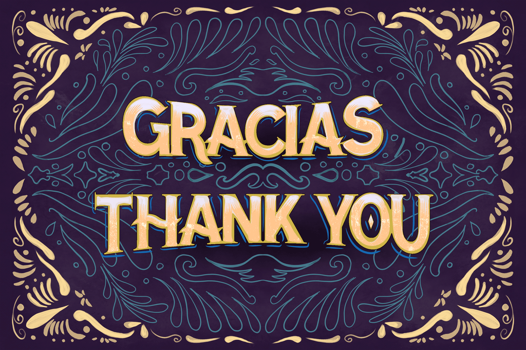 gracias and 'thank you' card navy and gold printed in large letters