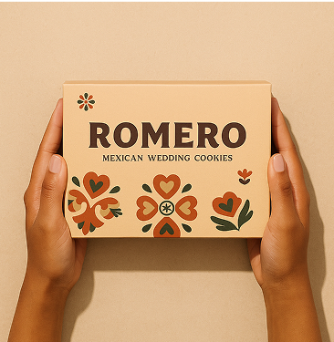 Hands holding a Romero cookie gift box