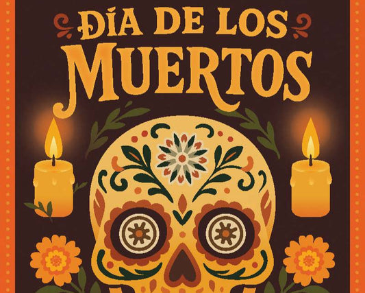 Decorative design for Día de los Muertos with a skull, candles, and flowers on a dark background.