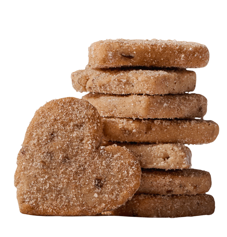 Stack of Valentina mexican pecan cinnamon cookies, bite-size polvorones with cinnamon sugar coating