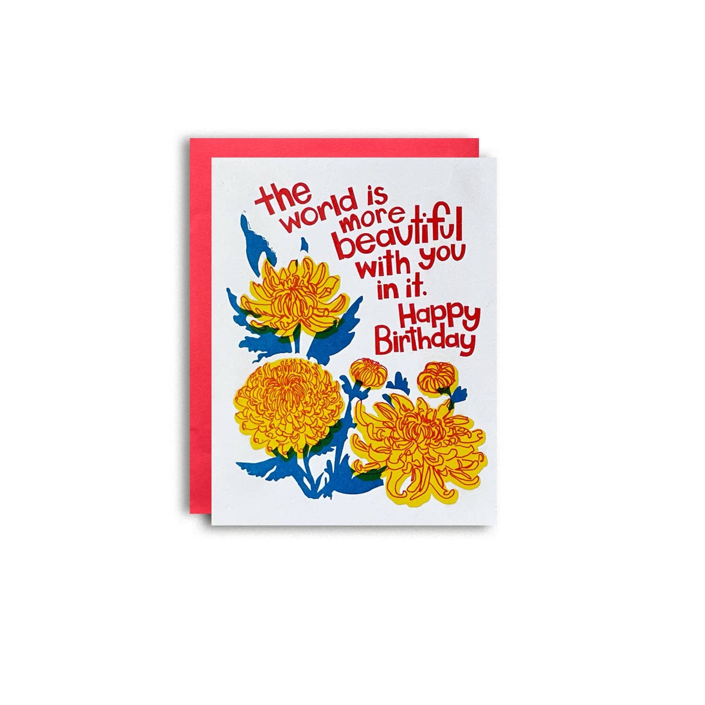 Greeting card with yellow flowers and red text on a white background