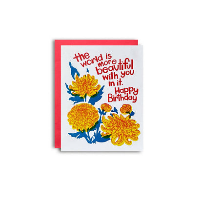 Greeting card with yellow flowers and red text on a white background