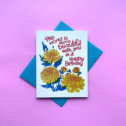 Greeting card with floral design and birthday message on a pink background