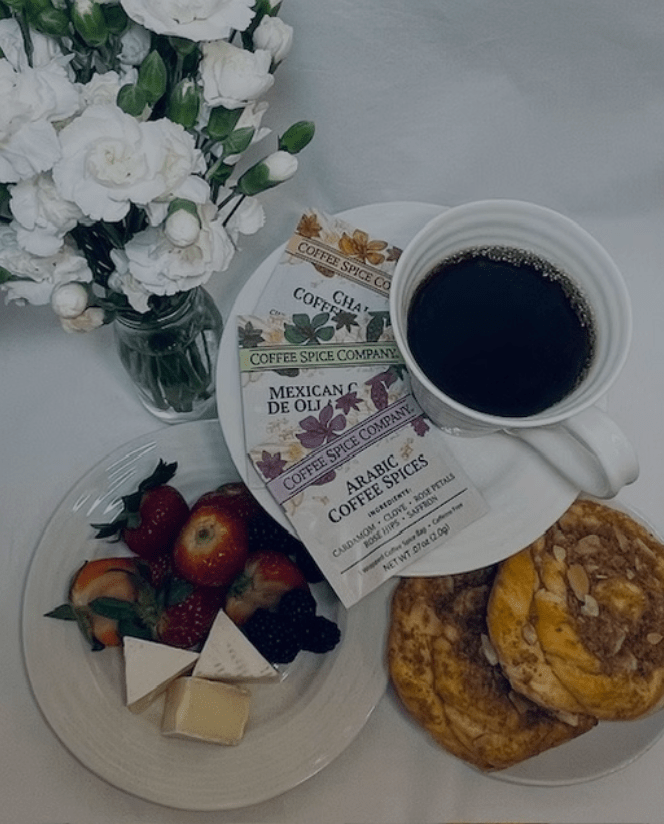 Romero chai coffee spice brewed in ceramic cup, moody styling of mexican spiced coffee blend