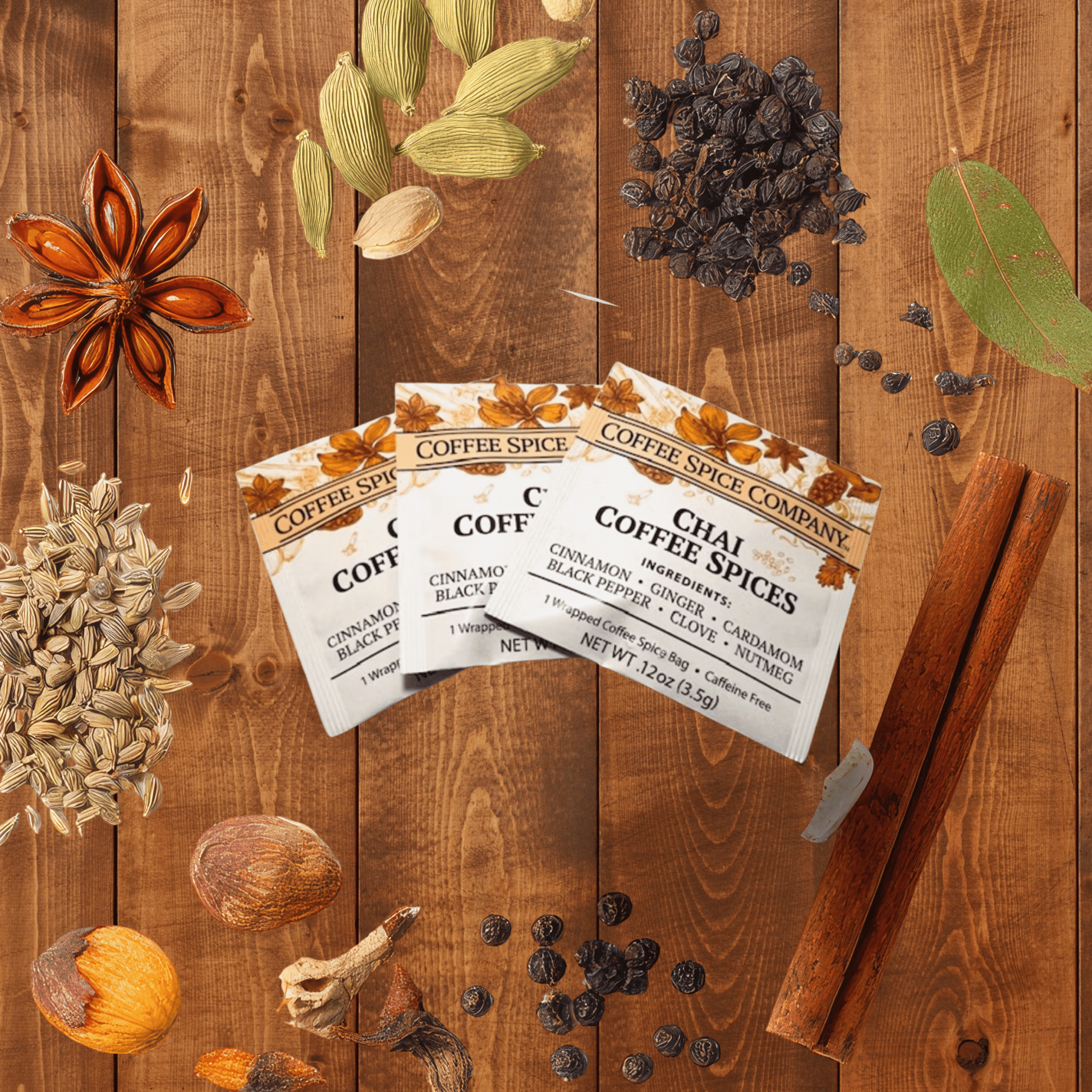 Romero chai coffee spice bag on terracotta surface, mexican spiced coffee blend for home brewing