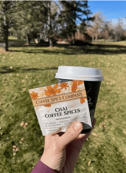 Chai coffee spice bag held outdoors