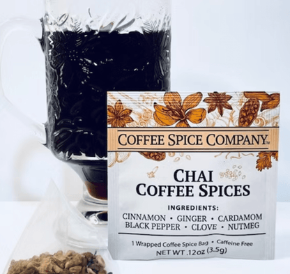 Romero chai coffee spice bag on dark backdrop, mexican spiced coffee packaging close-up