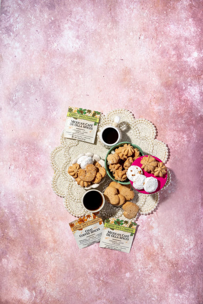 Chai coffee spice bag with pink floral arrangement