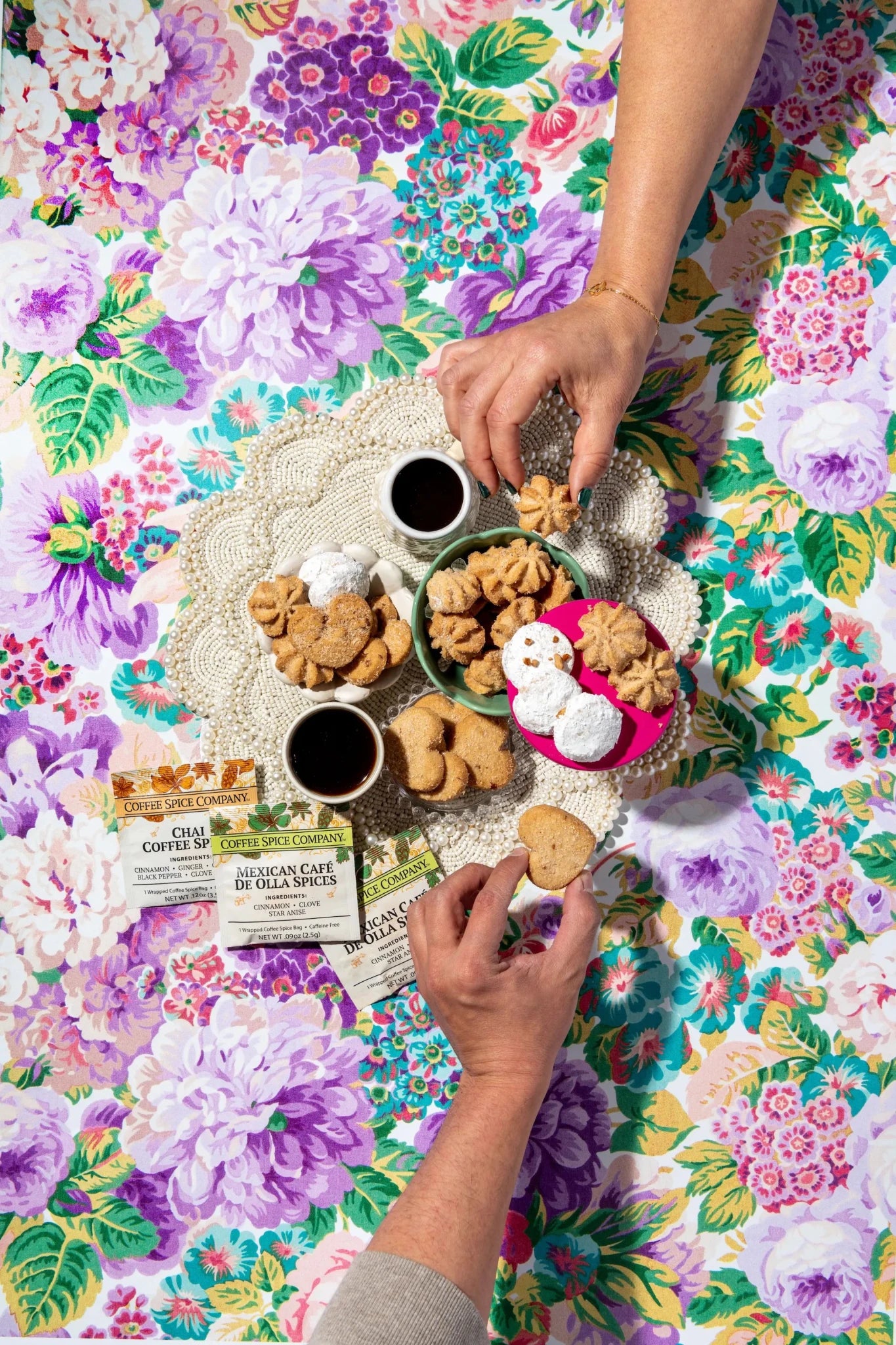 Romero chai coffee spice bag styled with florals, mexican spiced coffee blend for gifting