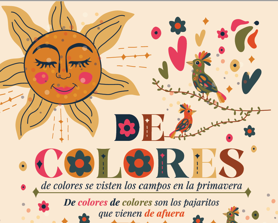 Colorful book cover with a sun, birds, and text in Spanish on a beige background