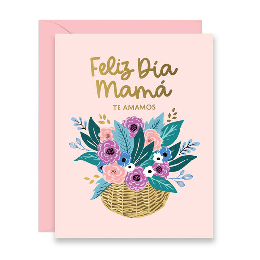 Greeting card with floral design and 'Feliz Dia Mamá' text on a pink background