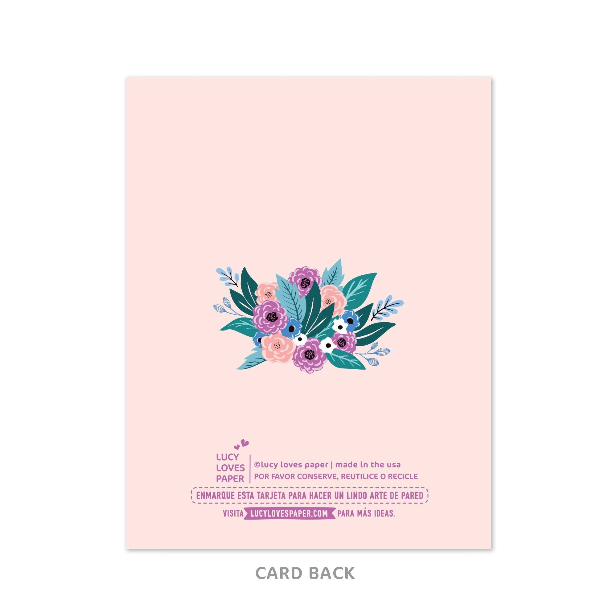 Floral design on a pink card with recycling information.