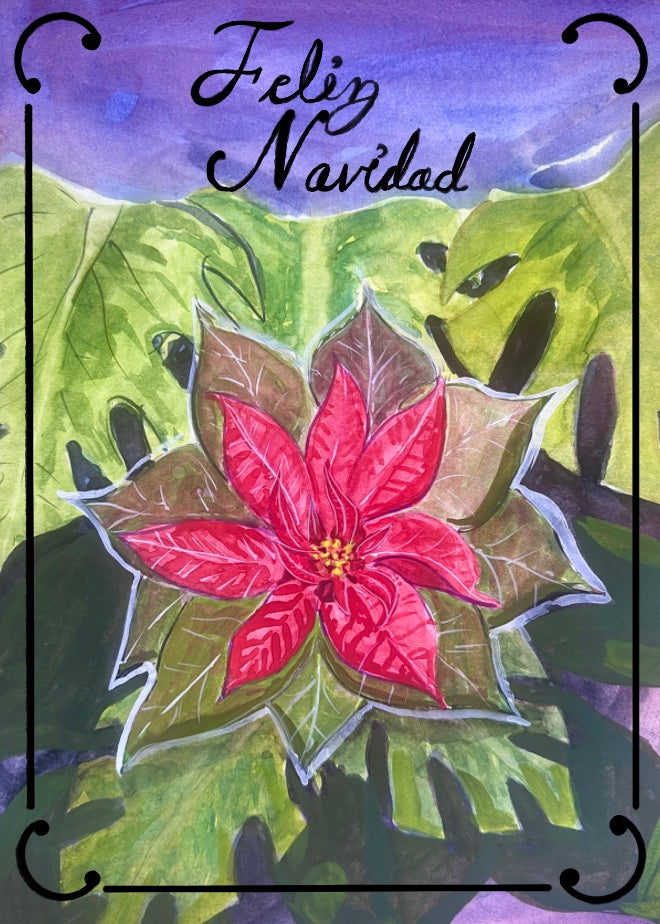 Festive card with a pink poinsettia flower and 'Feliz Navidad' text on a green leaf background.