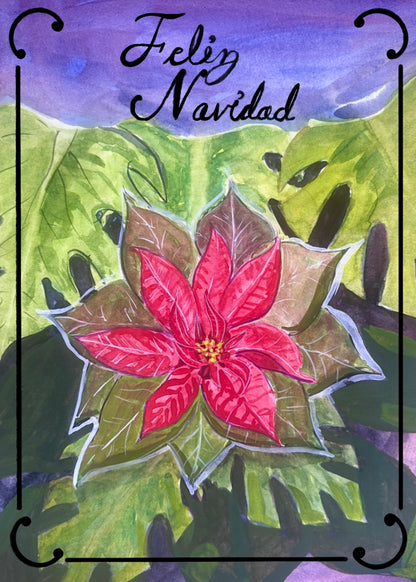 Festive card with a pink poinsettia flower and 'Feliz Navidad' text on a green leaf background.