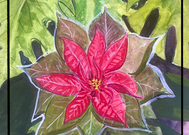 Artistic depiction of a poinsettia flower with green leaves on a textured background