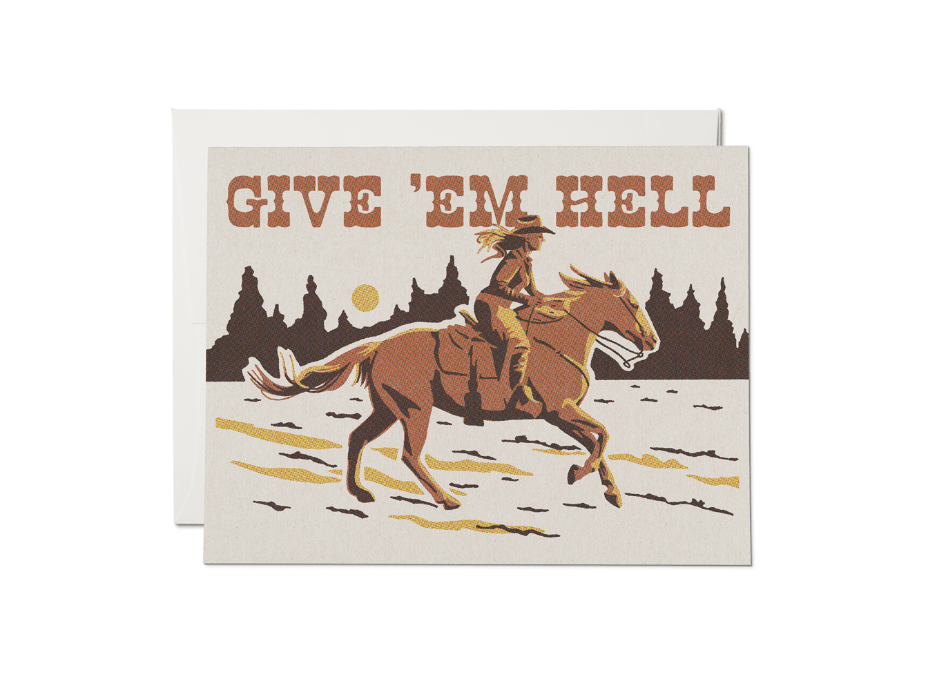 Card with a cowboy on a horse and 'Give 'em Hell' text against a desert landscape.