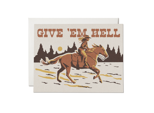 Card with a cowboy on a horse and 'Give 'em Hell' text against a desert landscape.