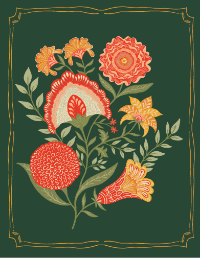 Decorative floral design with red and orange flowers on a green background