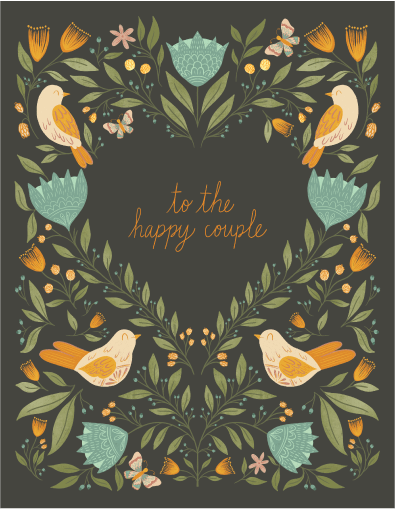 Decorative design with birds, flowers, and text 'to the happy couple' on a dark background.