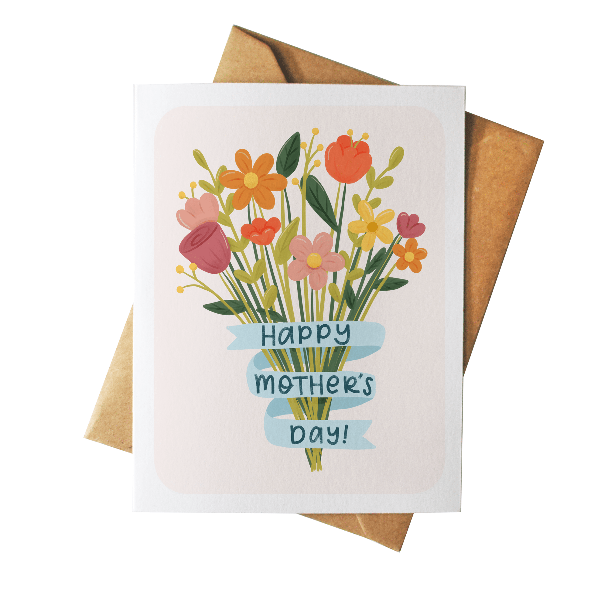 Greeting card with floral design and 'Happy Mother's Day!' text, accompanied by a brown envelope on a white background.
