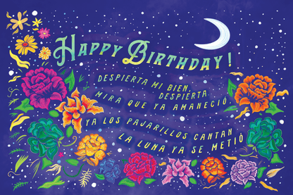 the happy birthday song in spanish with flowers and dark blug background 5X7 greeting card
