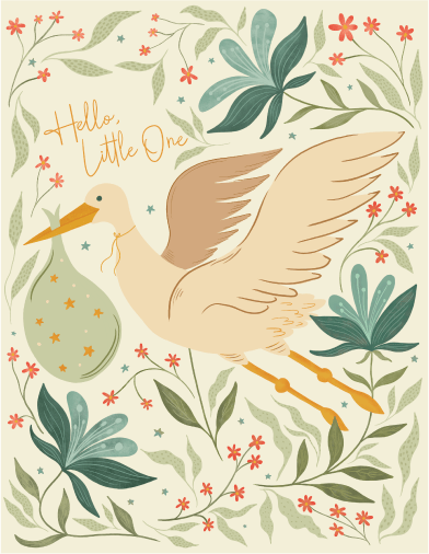 Illustration of a bird with floral elements and text on a beige background