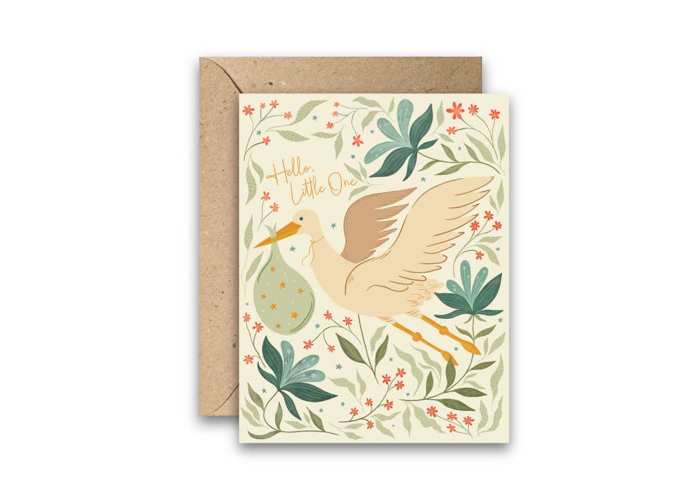 Greeting card with a bird illustration and floral design on a white background