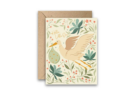 Greeting card with a bird illustration and floral design on a white background