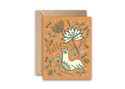 Greeting card with fox and floral design on an orange background, featuring a brown envelope.