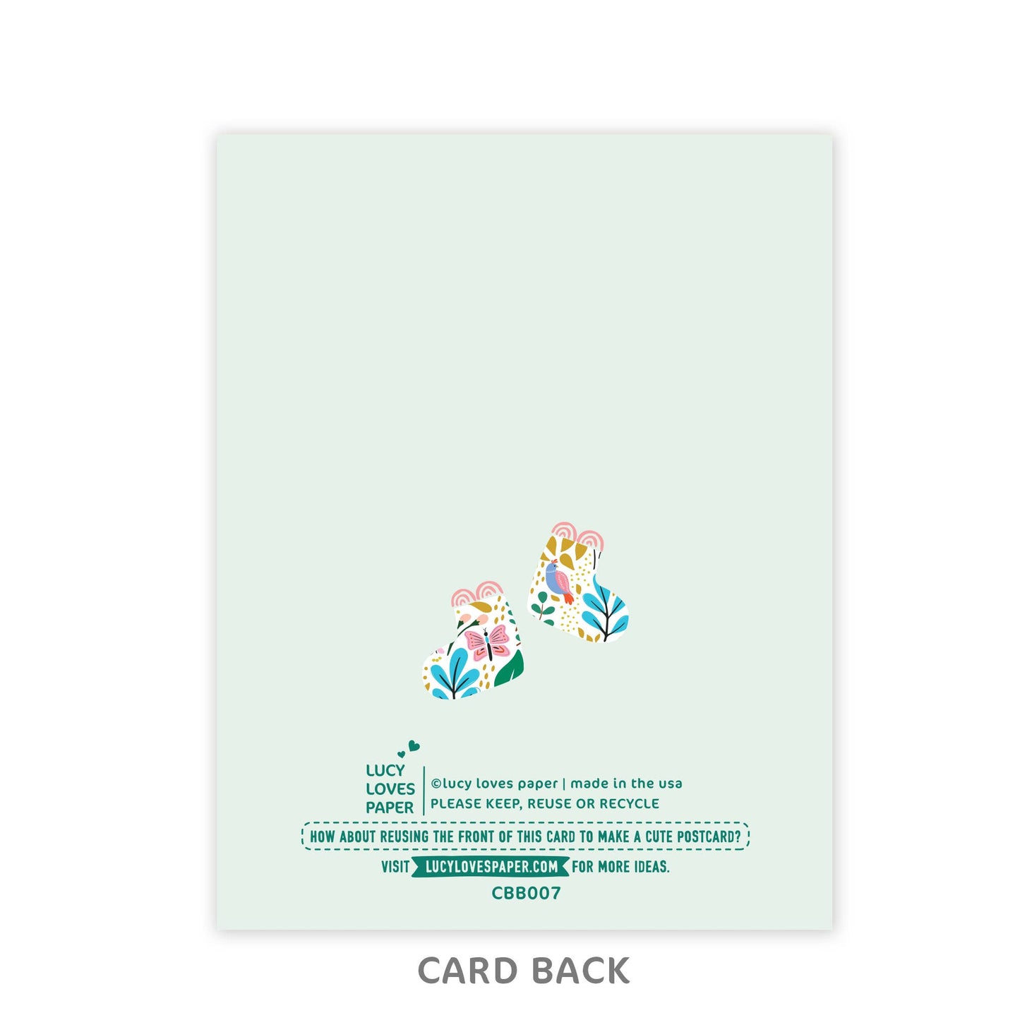 Back of a card with floral designs and recycling information on a light green background