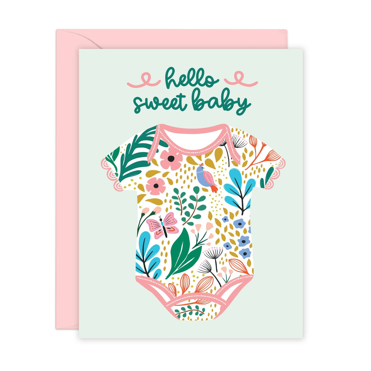 Greeting card with floral baby onesie design and 'hello sweet baby' text on a light blue background.