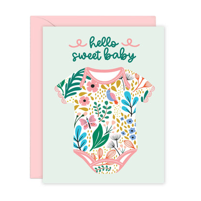 Greeting card with floral baby onesie design and 'hello sweet baby' text on a light blue background.