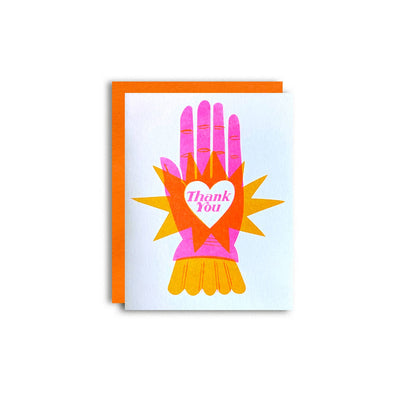 Greeting card with colorful hand design and 'Thank You' text on a white background