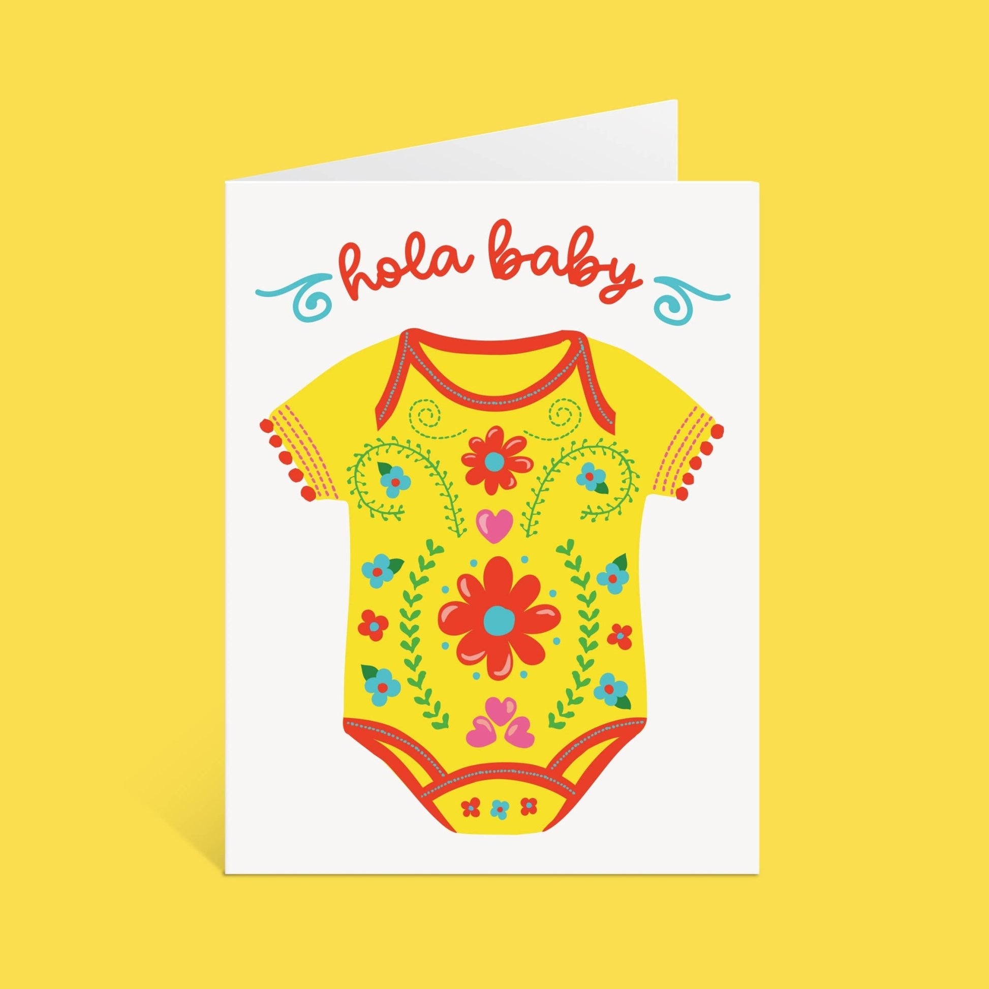 Greeting card with a yellow baby onesie illustration and 'Hola Baby' text on a yellow background