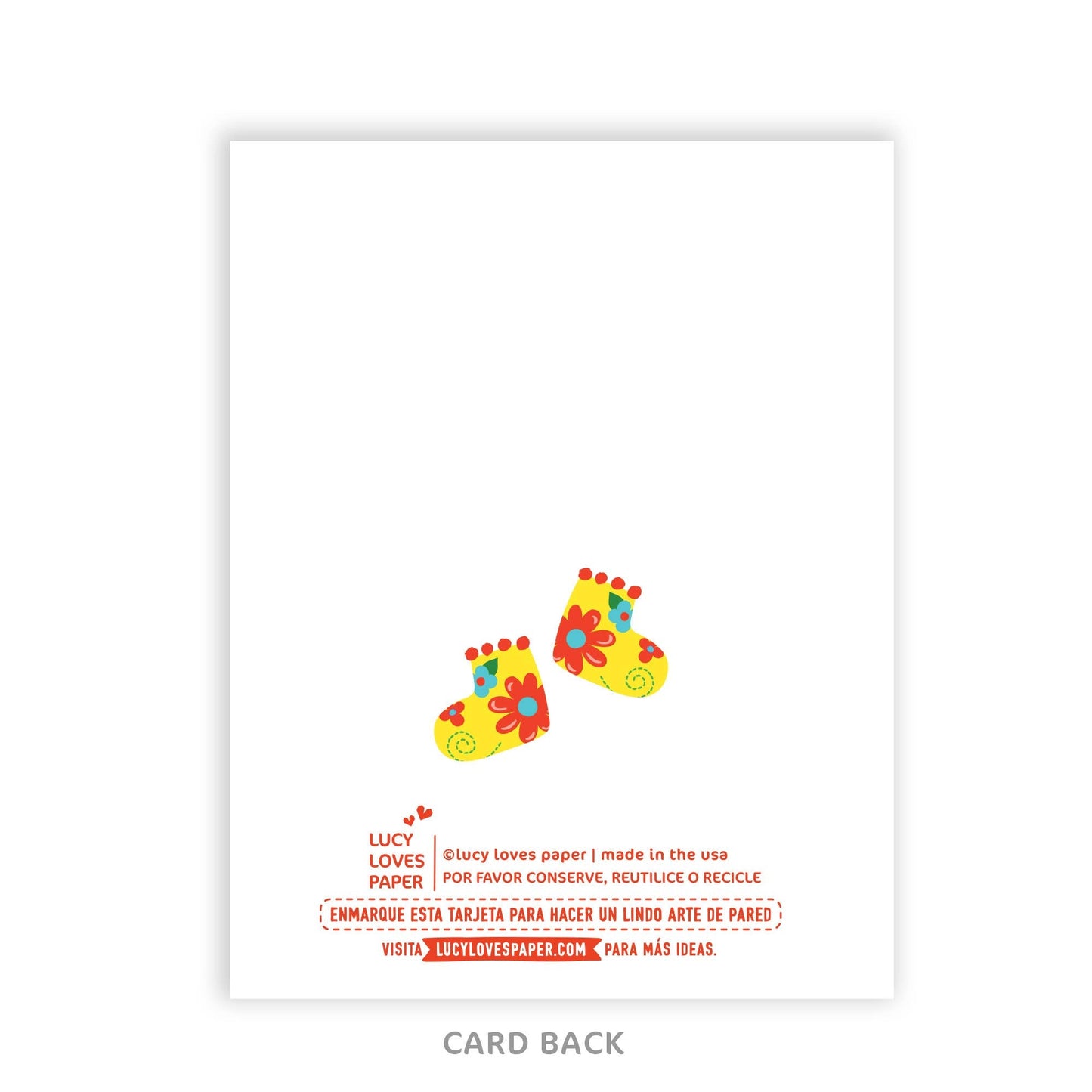 Colorful footprint design on a white card back with text.