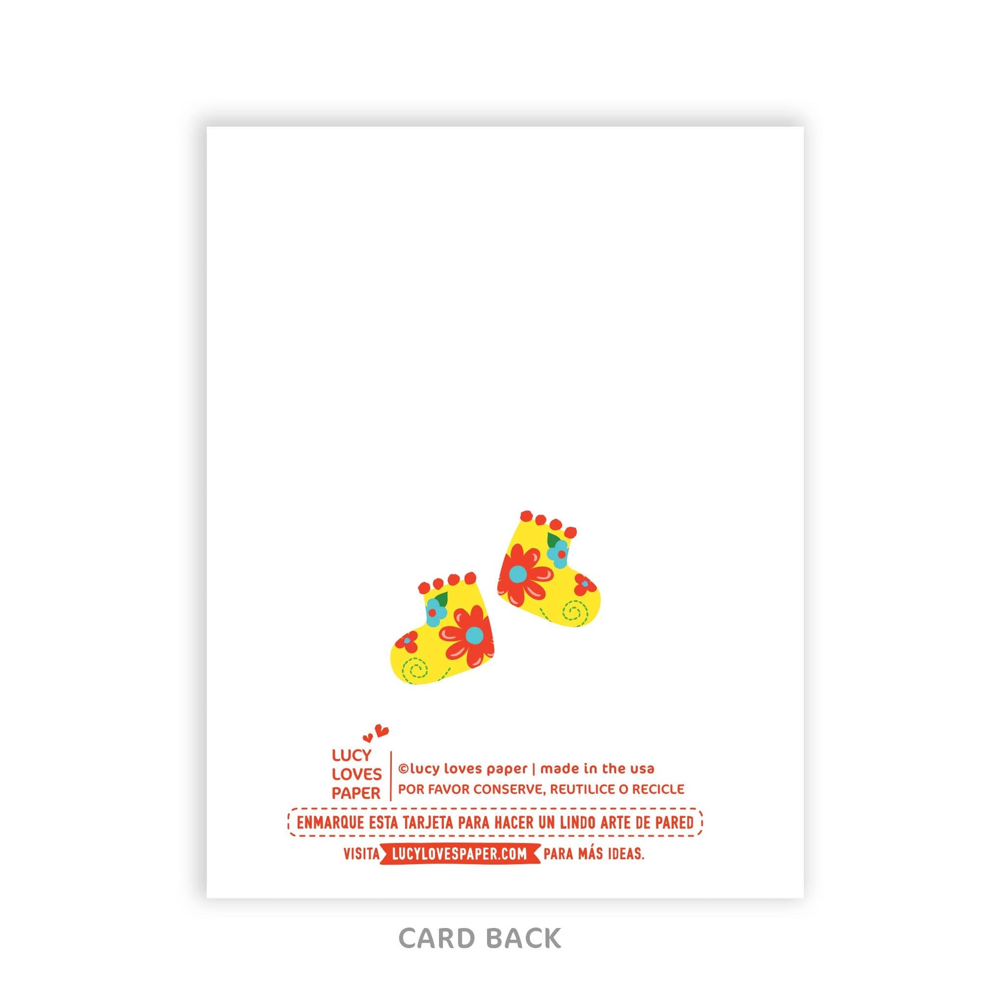 Colorful footprint design on a white card back with text.