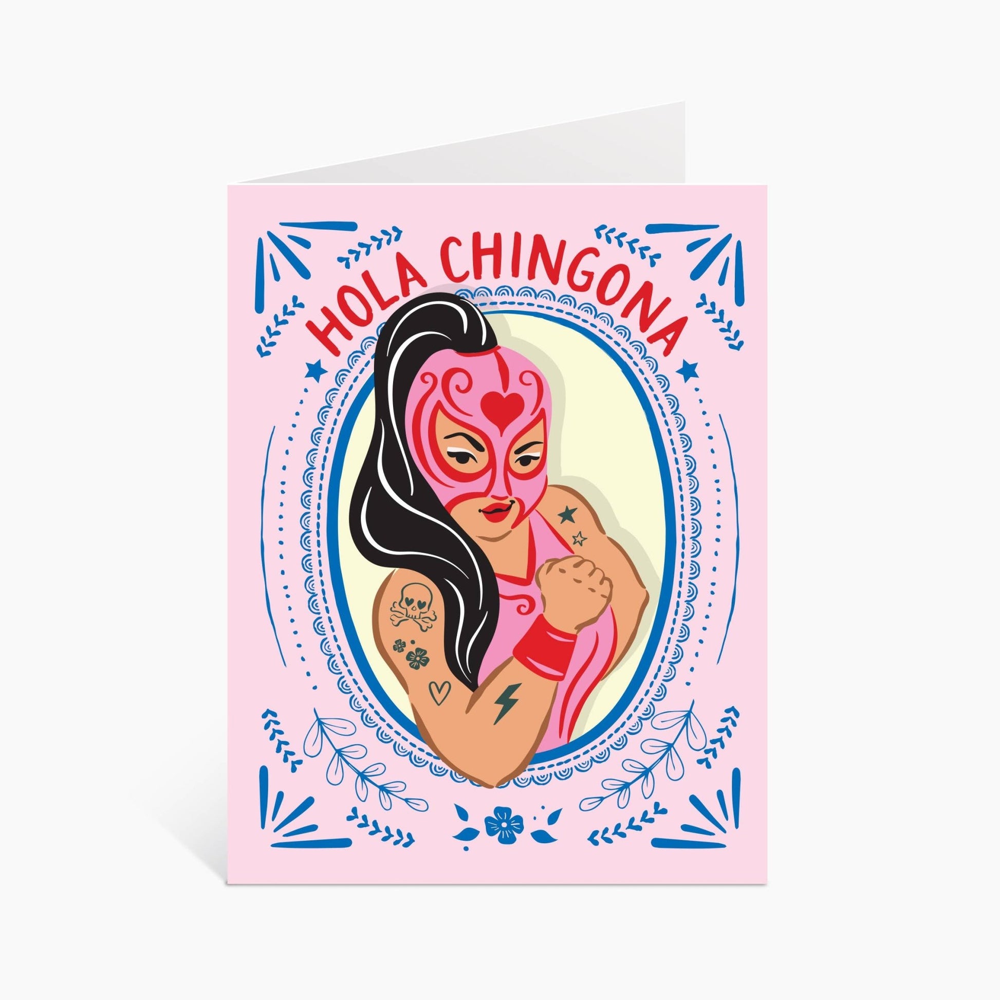 Greeting card with illustration of a woman in a luchadora mask and 'Hola Chingona' text on a pink background