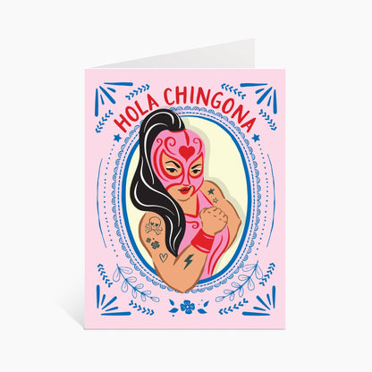 Greeting card with illustration of a woman in a luchadora mask and 'Hola Chingona' text on a pink background
